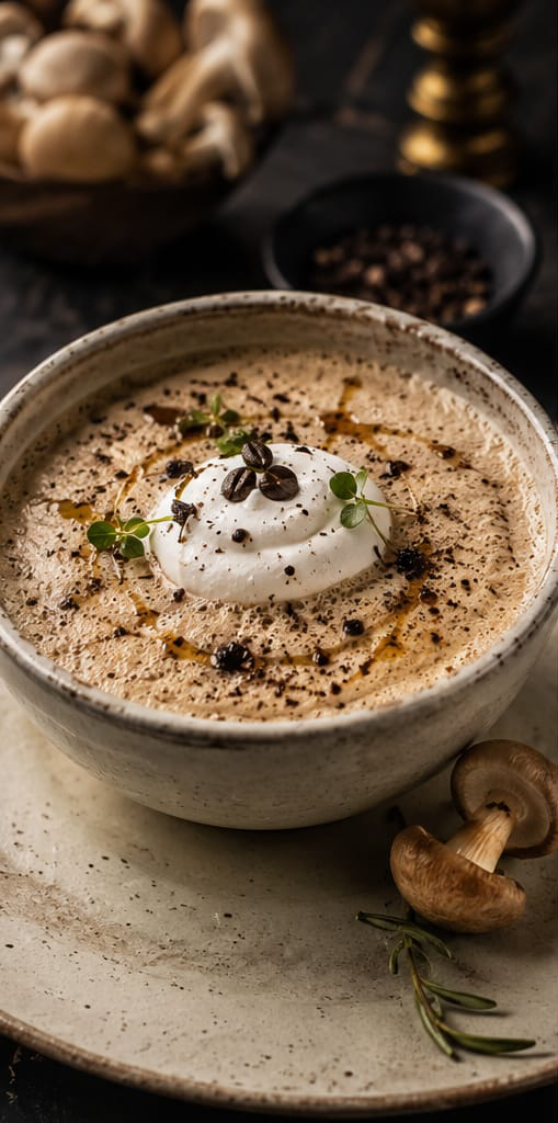 Cappuccino de cogumelos com salsa trufada, infusão de café especial e chantili salgado.