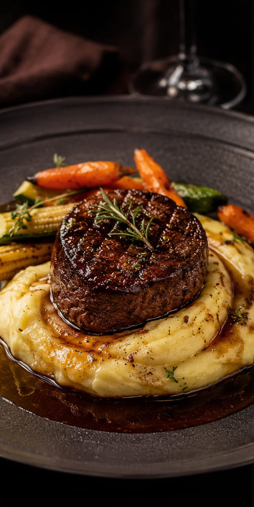 Tournedos de filé mignon, aligot de mandioquinha com dois queijos e redução de demi-glace com goiabada.