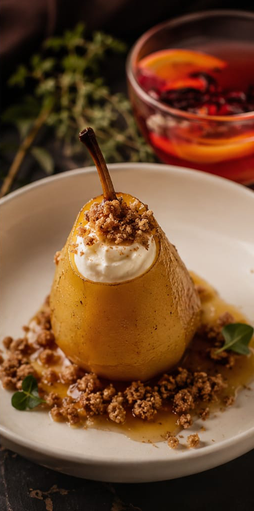 Pera pochê ao vinho branco com açafrão, crumble de especiarias e creme de nata aerado.